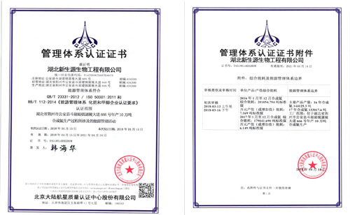 熱烈祝賀湖北新生源生物工程有限公司 獲得航星認證能源管理體系認證證書